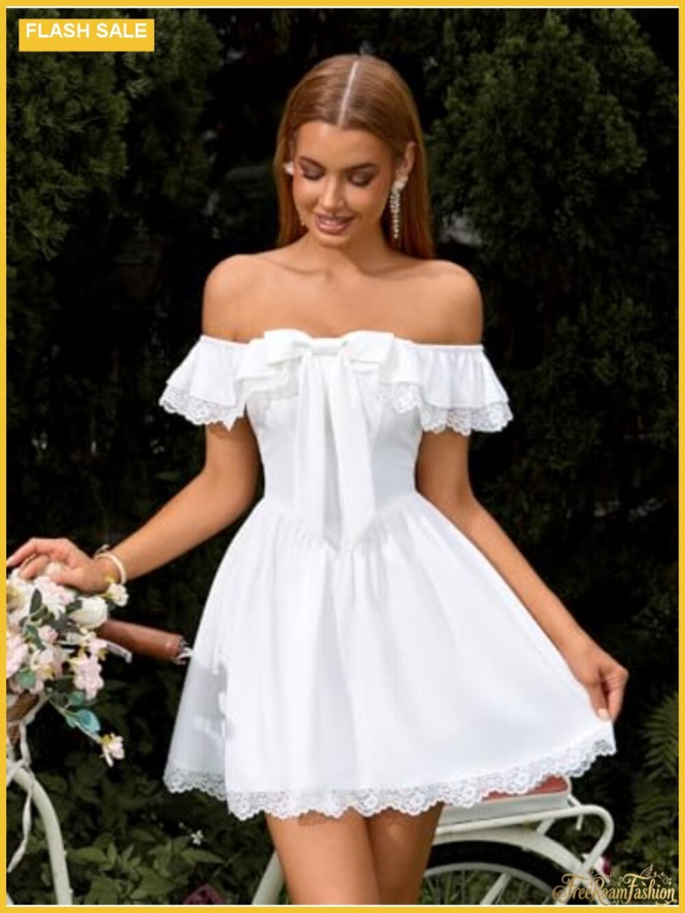 Women's Off Shoulder Mini Dress Lace Bow A Line Casual with Pocket - Picture 3 of 5